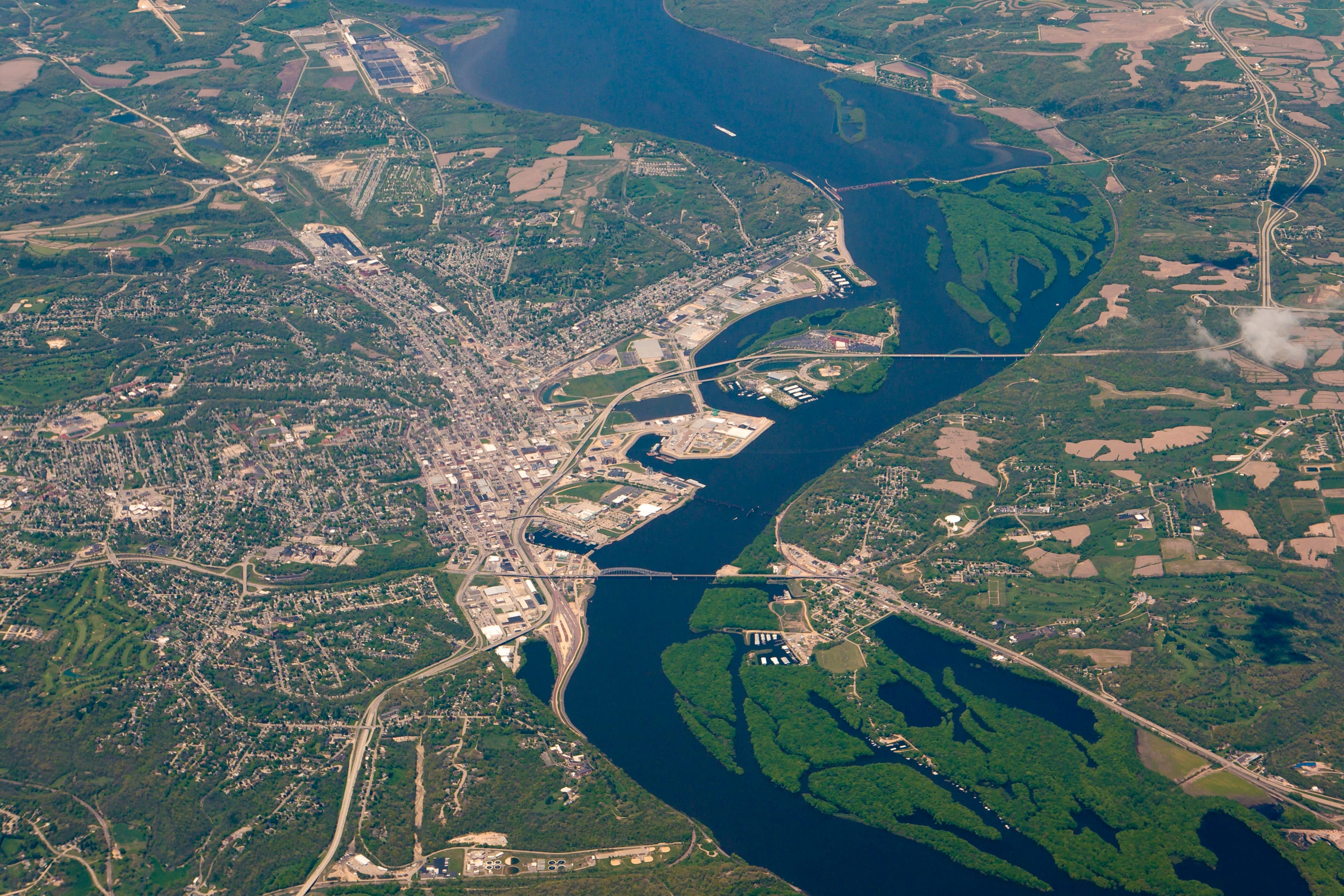 Aerial view of Dubuque, Iowa, the Mississippi River, and Illinois